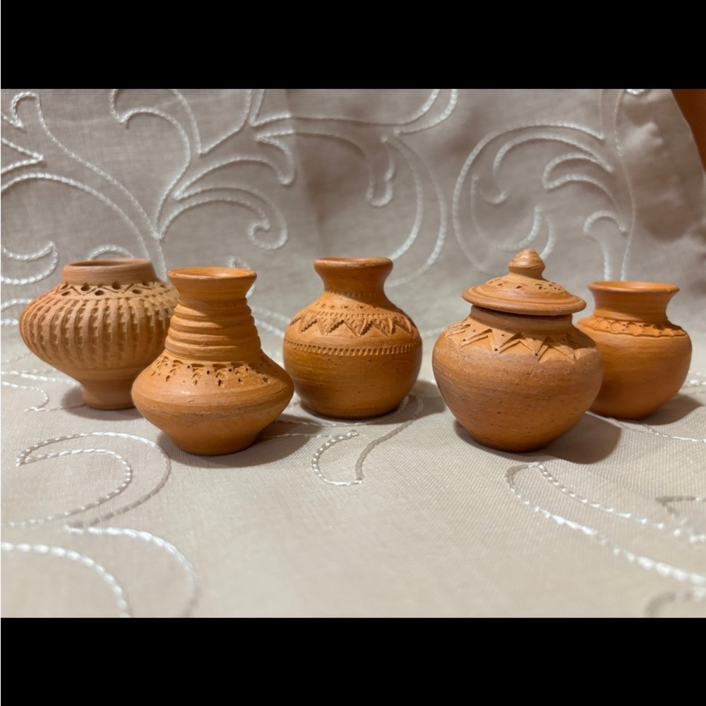 Miniature Hand carved Thai Terracotta Pots, Set of 5